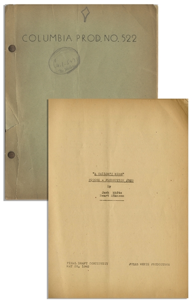 Moe Howard's 32pp. Script Dated May 1942 for the 1943 Stooges Film ''Back From the Front'', Working Title ''A Sailor's Mess'' -- Original Doodles on Cover -- Chipping & Archival Repair, Else Very Good